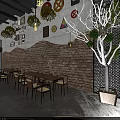 Restaurant Interior With Wooden Tables Chairs Green Plant Walls Floral Chandeliers Mezzanine And City View