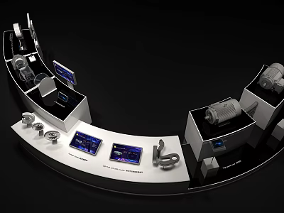 Curved Tech Display Stand With Electronic Devices Screens And Mechanical Components 3d model