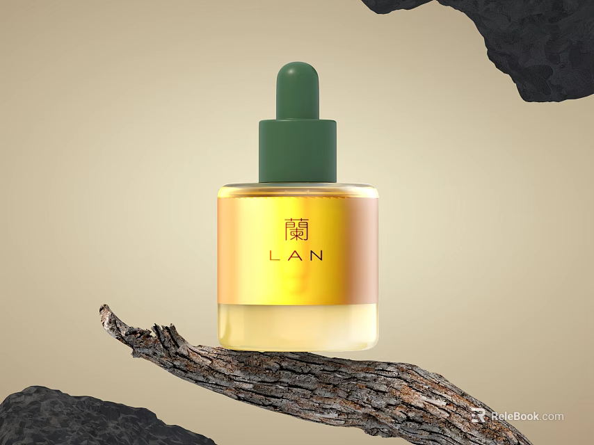 Elegant Perfume Cosmetics Bottle Brand LAN Yellow Glass Green Cap On Wooden Branch 3d model 