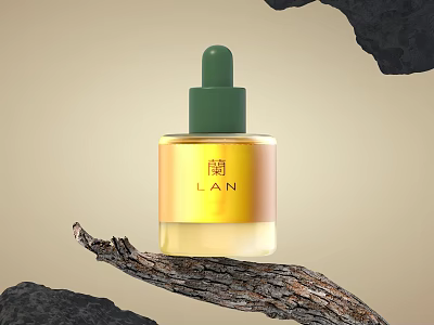 Elegant Perfume Cosmetics Bottle Brand LAN Yellow Glass Green Cap On Wooden Branch 3d model