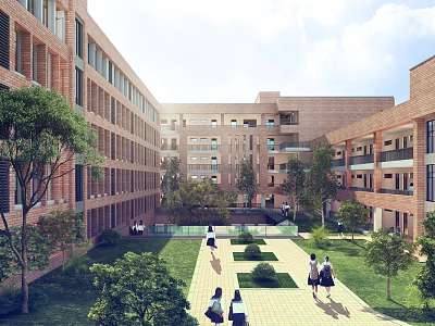 Red Brick School Buildings with Courtyard Greenery and Students on Campus 3d model