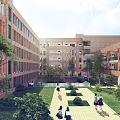 Red Brick School Buildings with Courtyard Greenery and Students on Campus