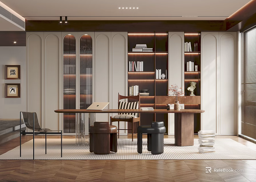 Modern Study Room Interior Design With Built in Bookshelves Wooden Desk And Decorative Items 3d model 
