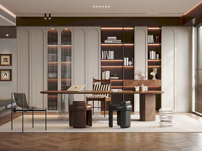 Modern Study Room Interior Design With Built in Bookshelves Wooden Desk And Decorative Items 3d model