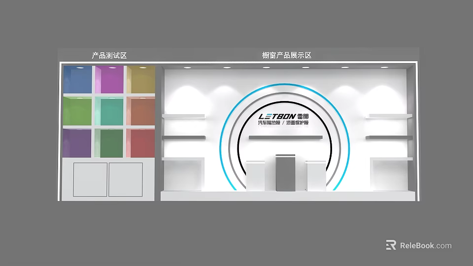 LETSOM Dinnerware Product Display Area With Colorful Samples And White Shelves 3d model 