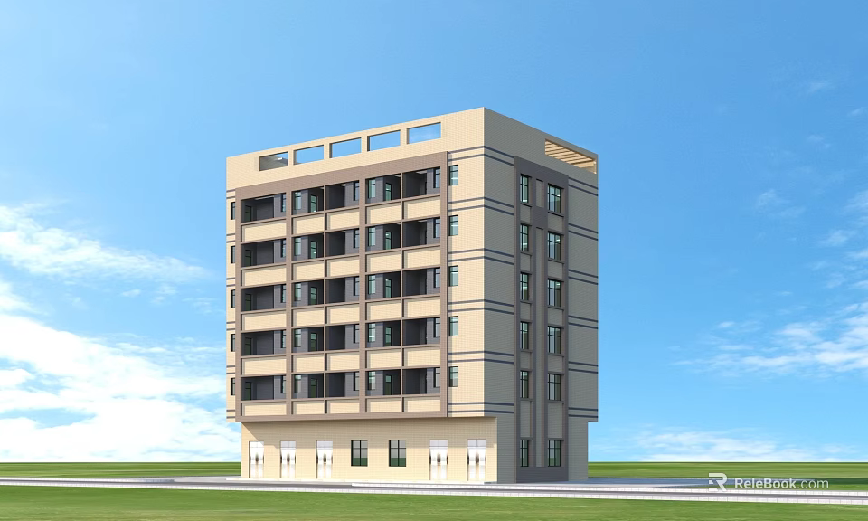 Modern Multi Storey Residential Building Exterior With Windows Green Lawn And Blue Sky 3d model 