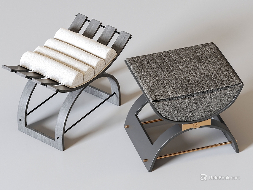 Modern Stylish Stools Featuring Upholstered Gray White Seats And Curved Wooden Frame 3d model 