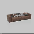 Modern Brown Leather Two Seater Sofa with Patterned Cushions Minimalist Design 3d model