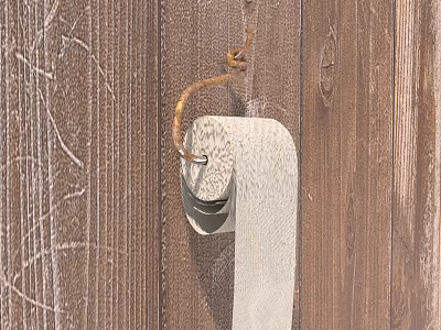 White Toilet Paper Roll Hanging On Metal Hook Against Wooden Wall 3d model