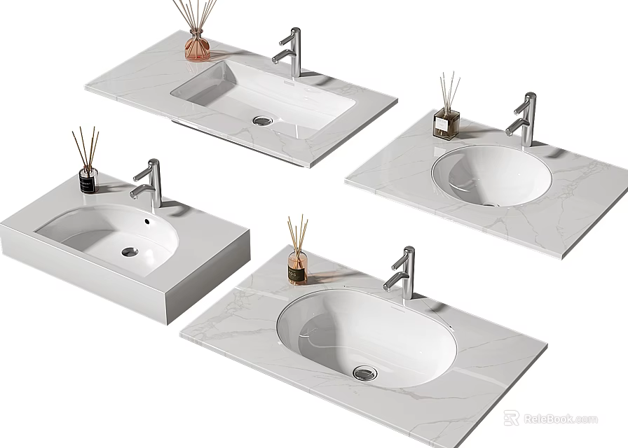 Modern White Marble Countertop Washbasins with Faucets and Aromatic Sticks Design 3d model 