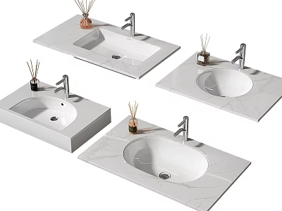 Modern White Marble Countertop Washbasins with Faucets and Aromatic Sticks Design 3d model