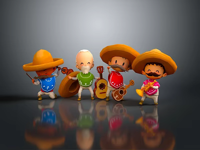 Cartoon Game Movie Band Characters Wearing Colorful Sombreros And Playing Instruments 3d model