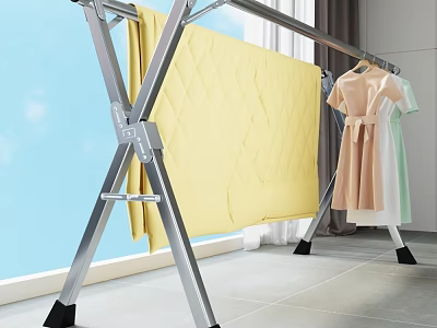 Metal Clothes Drying Rack With Yellow Quilt Pink Dress And Green Clothes Indoor 3d model