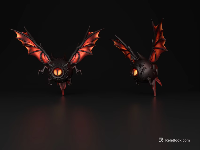 Two Black Flying Creatures With Red Wings And Glowing Eyes On Dark Background 3d model 