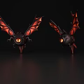 Two Black Flying Creatures With Red Wings And Glowing Eyes On Dark Background