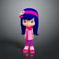 Cartoon Girl Character With Long Dark Blue Hair Pink Headband And Pink Dress