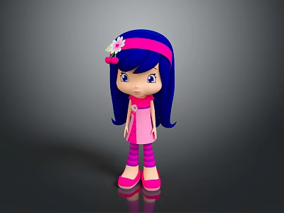 Cartoon Girl Character With Long Dark Blue Hair Pink Headband And Pink Dress 3d model