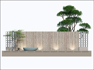 Serene Garden Landscape With Wooden Wall Trees Stone Basin And Lattice Lighting 3d model