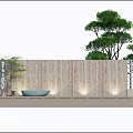 Serene Garden Landscape With Wooden Wall Trees Stone Basin And Lattice Lighting