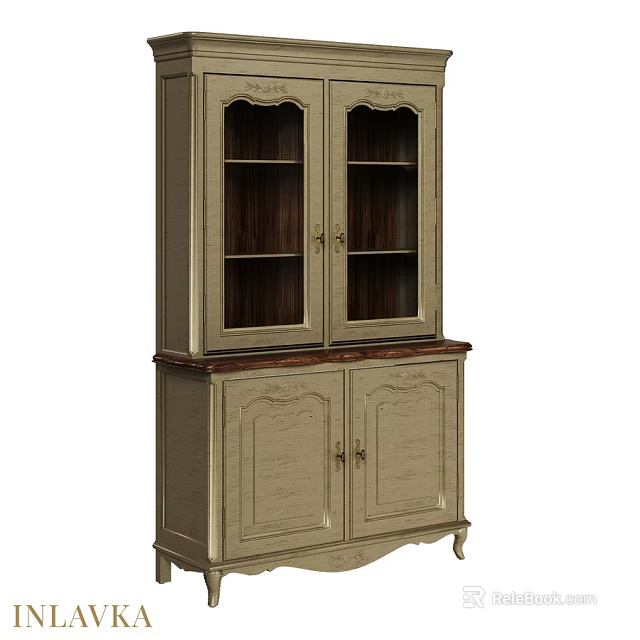 Vintage Light Gray Wooden Cabinet With Glass Doors And Carved Details 3d model 