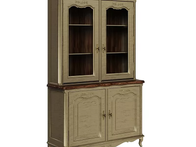 Vintage Light Gray Wooden Cabinet With Glass Doors And Carved Details 3d model