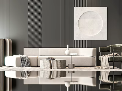 Modern Sofa Coffee Table Set With Circular Wall Art Accent Chair And Reflective Floor 3d model
