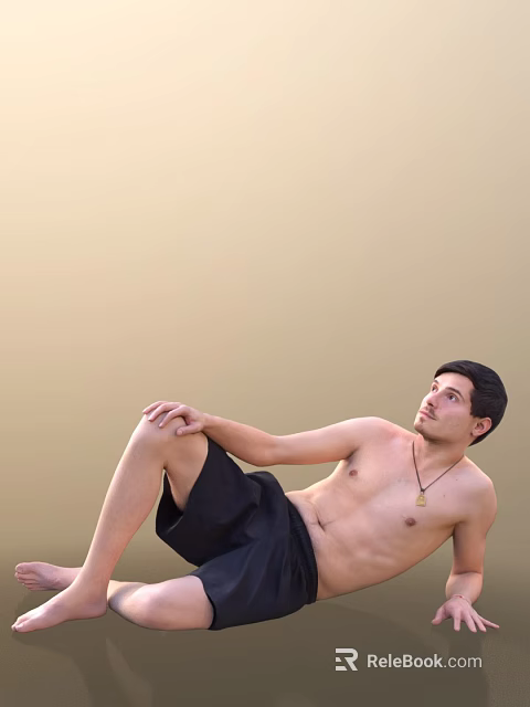 Shirtless Man Sitting Sideways in Black Shorts Wearing Necklace Against Light Background 3d model 