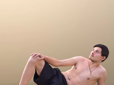Shirtless Man Sitting Sideways in Black Shorts Wearing Necklace Against Light Background 3d model