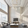 Double Height Living Room Interior With Chandelier Green Wall Art Gray Sofa And Large Windows