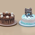 Two Birthday Cakes With Chocolate Drip Cream Balls Blue White Frosting And Happy Birthday Sign