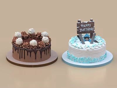 Two Birthday Cakes With Chocolate Drip Cream Balls Blue White Frosting And Happy Birthday Sign 3d model