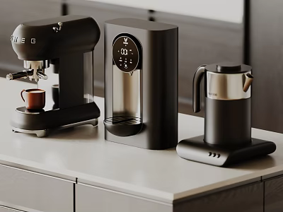 Modern Black Kitchen Appliances Featuring Coffee Maker Water Kettle And Dispenser 3d model
