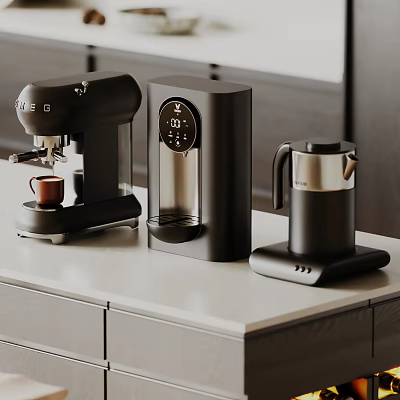 Modern Black Kitchen Appliances Featuring Coffee Maker Water Kettle And Dispenser 3d model