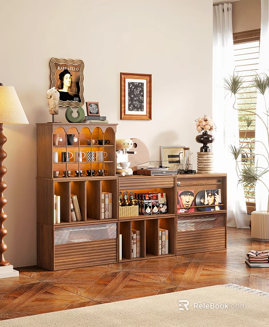 Wooden Sideboard With Shelves Decorative Items Photo Frames And Books In Living Room 3d model 