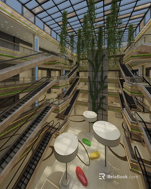 Modern Shopping Mall Atrium with Multiple Escalators Large Green Plant and Round White Tables 3d model 
