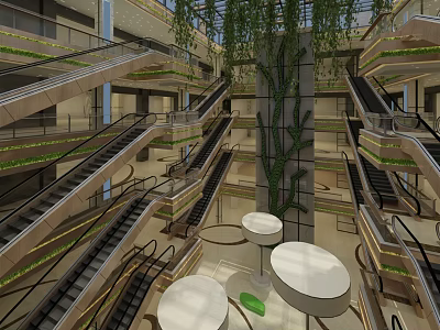Modern Shopping Mall Atrium with Multiple Escalators Large Green Plant and Round White Tables 3d model