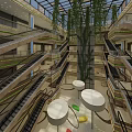 Modern Shopping Mall Atrium with Multiple Escalators Large Green Plant and Round White Tables