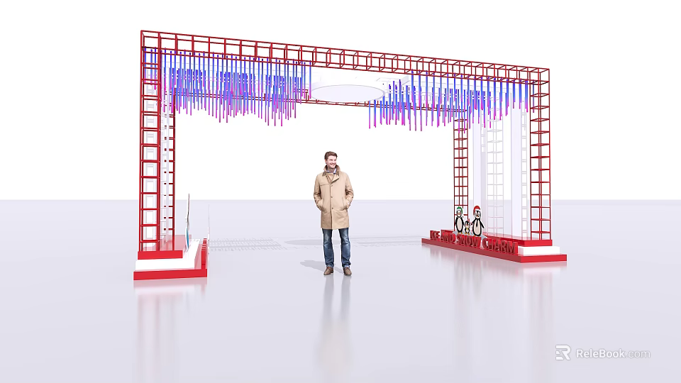 Event Entrance Arch With Red Frame Colorful Hanging Streamers Side Ladders And Person 3d model 