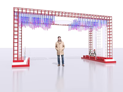 Event Entrance Arch With Red Frame Colorful Hanging Streamers Side Ladders And Person 3d model