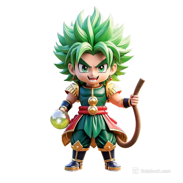 Game Anime Character Green Spiky Hair Green Eyes Green Armor Gold Trim Holding Orb Staff 3d model 