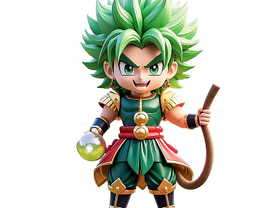 Game Anime Character Green Spiky Hair Green Eyes Green Armor Gold Trim Holding Orb Staff 3d model