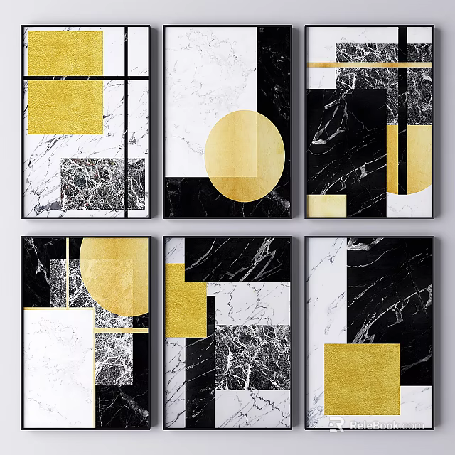 Abstract Wall Art Decor With Black White Marble Texture And Gold Geometric Patterns 3d model