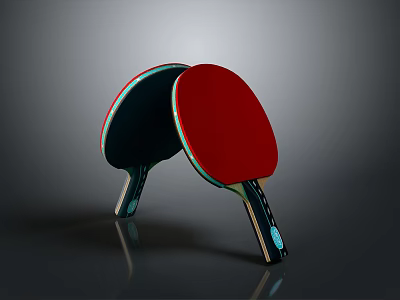 Table Tennis Paddles With Red And Black Rubber Crossed On Gray Background With Reflection 3d model