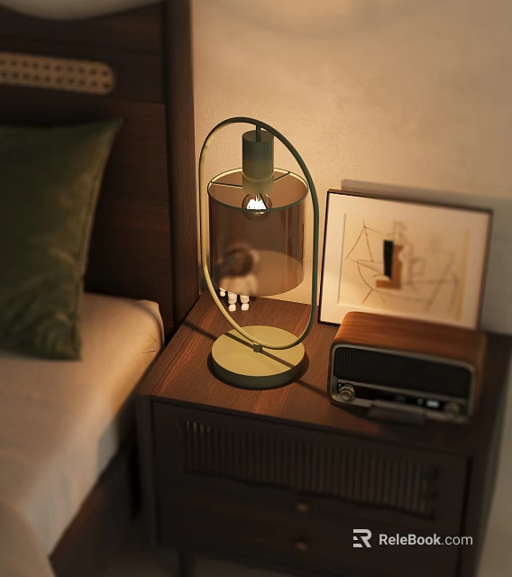Stylish Table Lamp On Wooden Bedroom Bedside Table With Vintage Radio And Picture Frame 3d model 