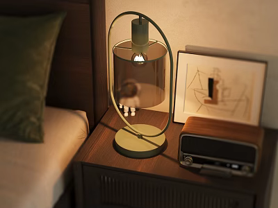 Stylish Table Lamp On Wooden Bedroom Bedside Table With Vintage Radio And Picture Frame 3d model