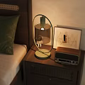 Stylish Table Lamp On Wooden Bedroom Bedside Table With Vintage Radio And Picture Frame