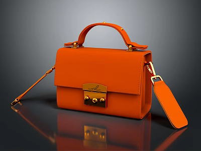 Stylish Orange Leather Handbag With Gold Lock Clasp Top Handle And Removable Strap 3d model