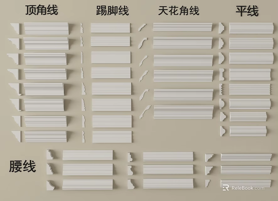 Different Types of Gypsum Mouldings Including Cornice Baseboard and Ceiling Corner Designs 3d model 