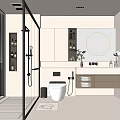 Modern Bathroom Interior Design With Large Window Round Mirror Glass Shower Partition And Vanity