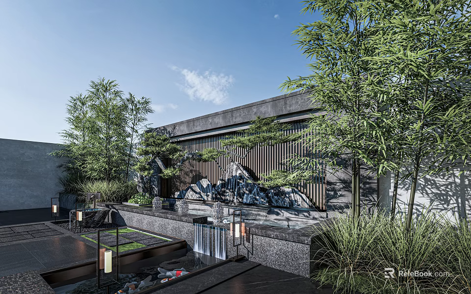 Chinese Garden Wall with Stone Mountain Relief Water Feature and Bamboo Greenery Lighting 3d model 